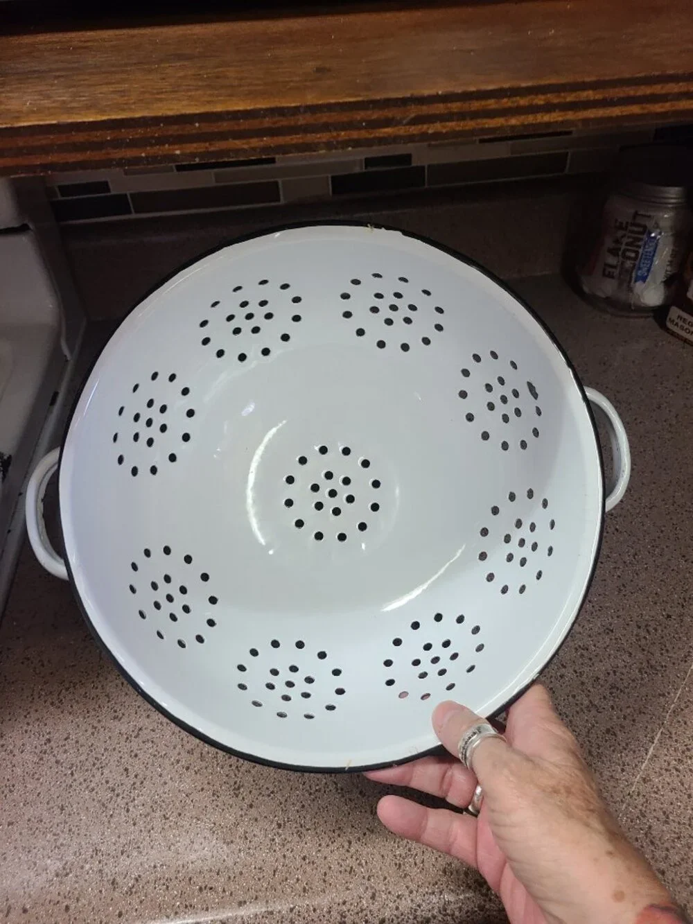 VTG Enamel Colander Strainer Graniteware Black & White with Handles